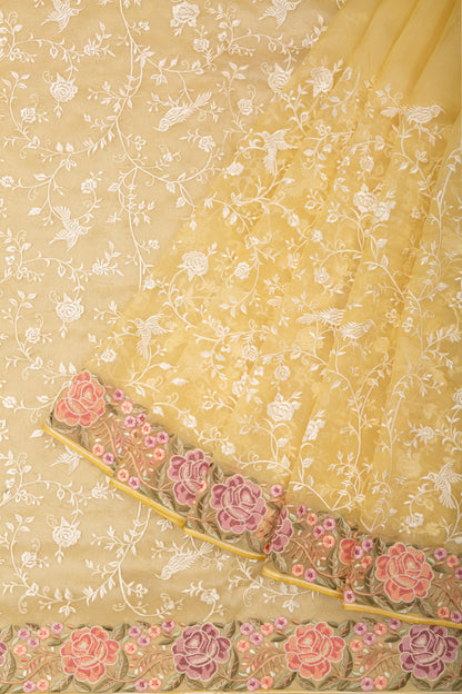 Organza Floral Embroidery Yellow Saree