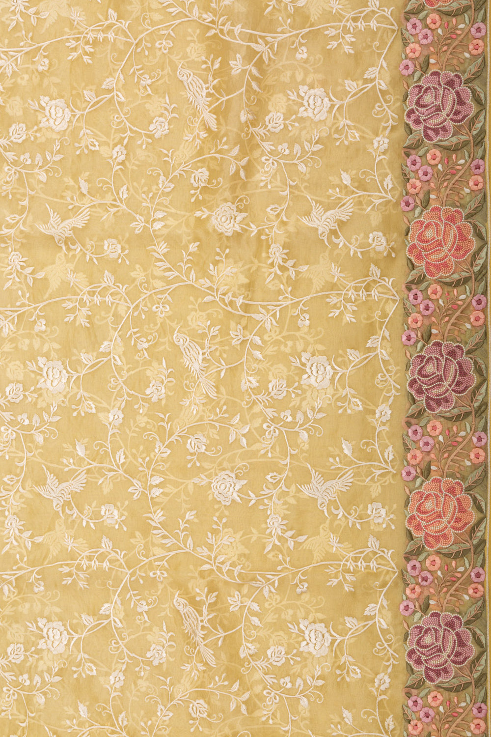 Organza Floral Embroidery Yellow Saree