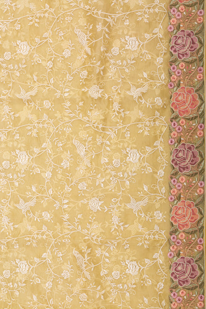 Organza Floral Embroidery Yellow Saree