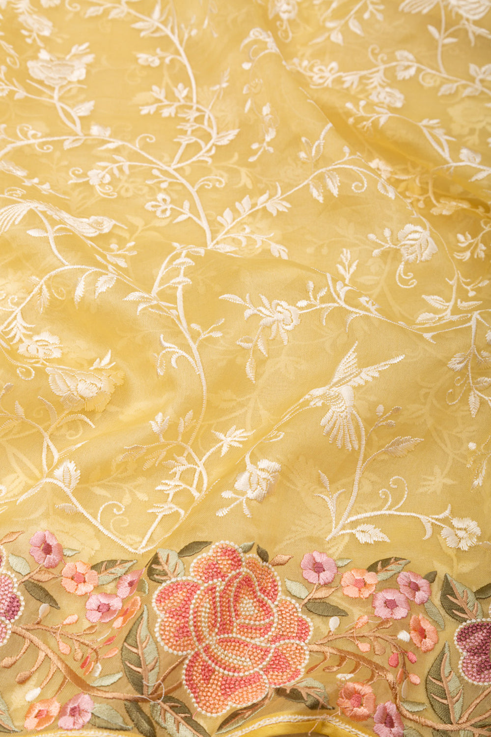 Organza Floral Embroidery Yellow Saree