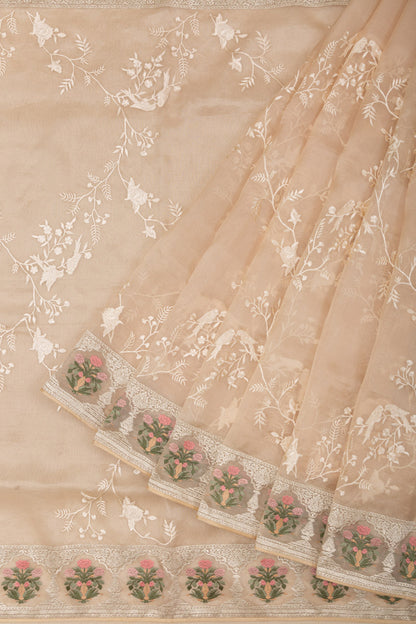 Organza Floral Embroidery Cream Saree