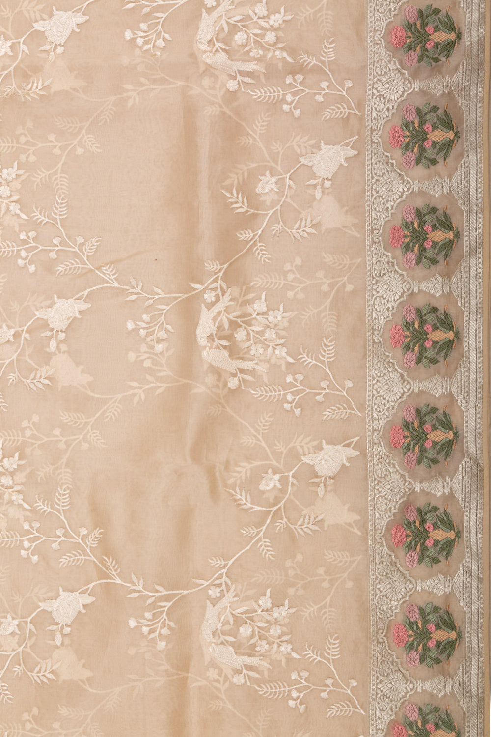 Organza Floral Embroidery Cream Saree