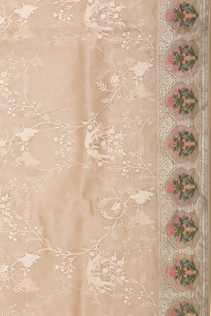 Organza Floral Embroidery Cream Saree