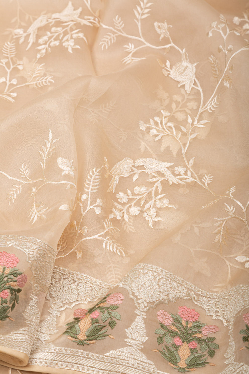 Organza Floral Embroidery Cream Saree