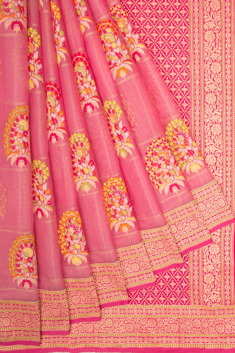 Banarasi Kora Organza Checks And Jamdani Butta Pink Saree