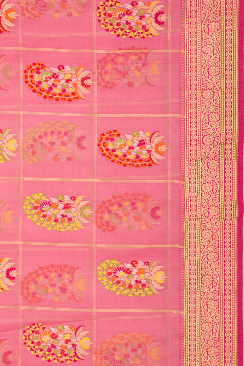 Banarasi Kora Organza Checks And Jamdani Butta Pink Saree