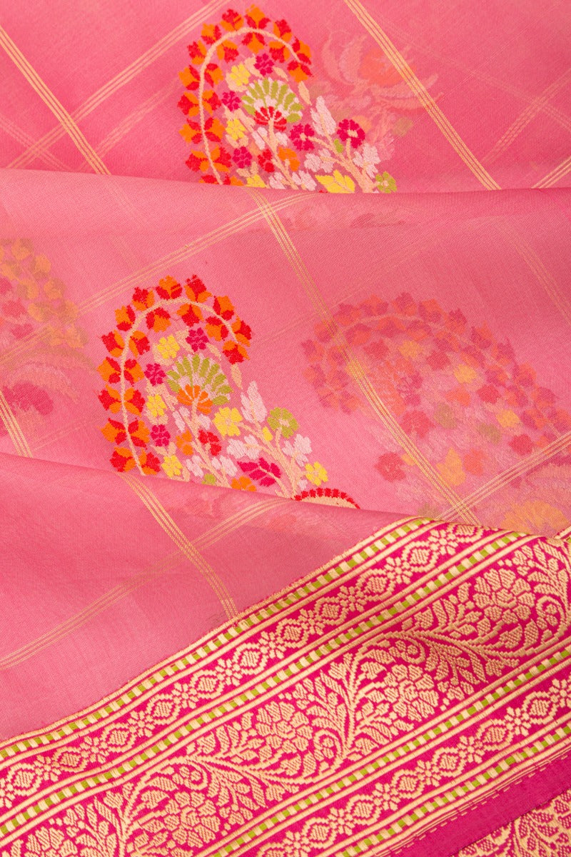 Banarasi Kora Organza Checks And Jamdani Butta Pink Saree