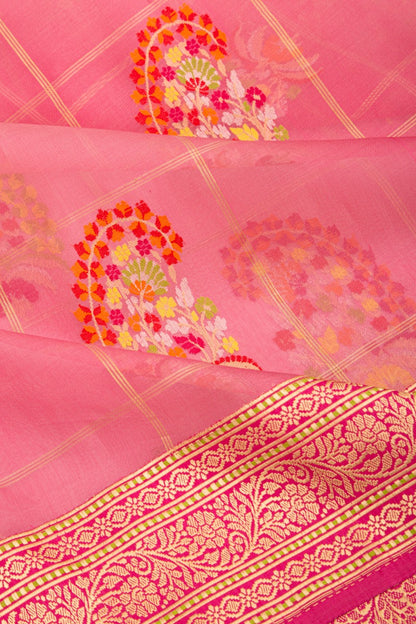 Banarasi Kora Organza Checks And Jamdani Butta Pink Saree