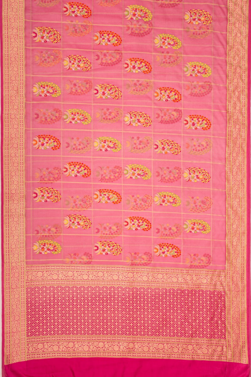 Banarasi Kora Organza Checks And Jamdani Butta Pink Saree