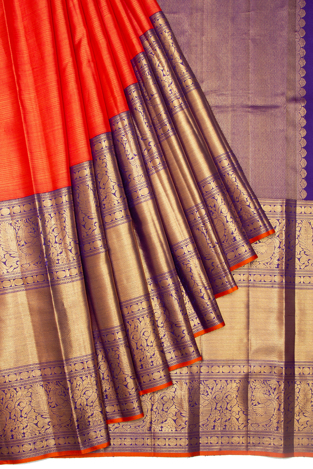 Kanchipuram Silk Oosi Lines Orange Saree