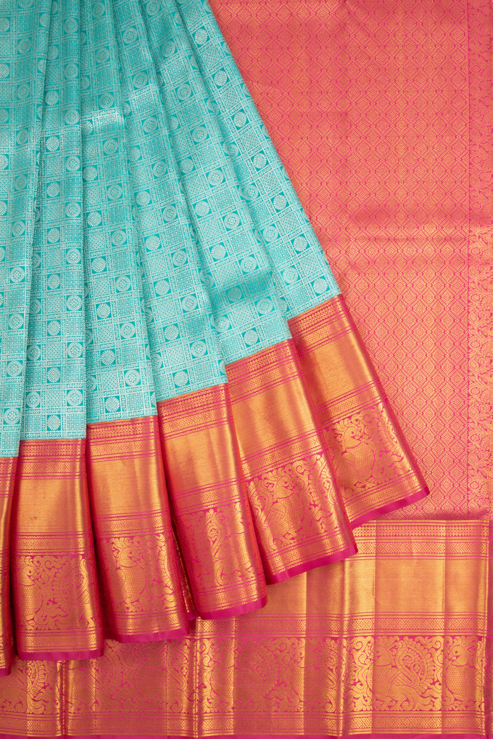 Kanchipuram Silk Checks And Butta Sky Blue Saree