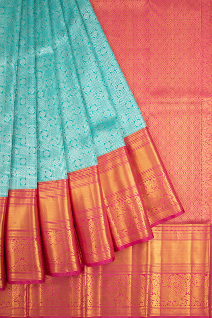 Kanchipuram Silk Checks And Butta Sky Blue Saree