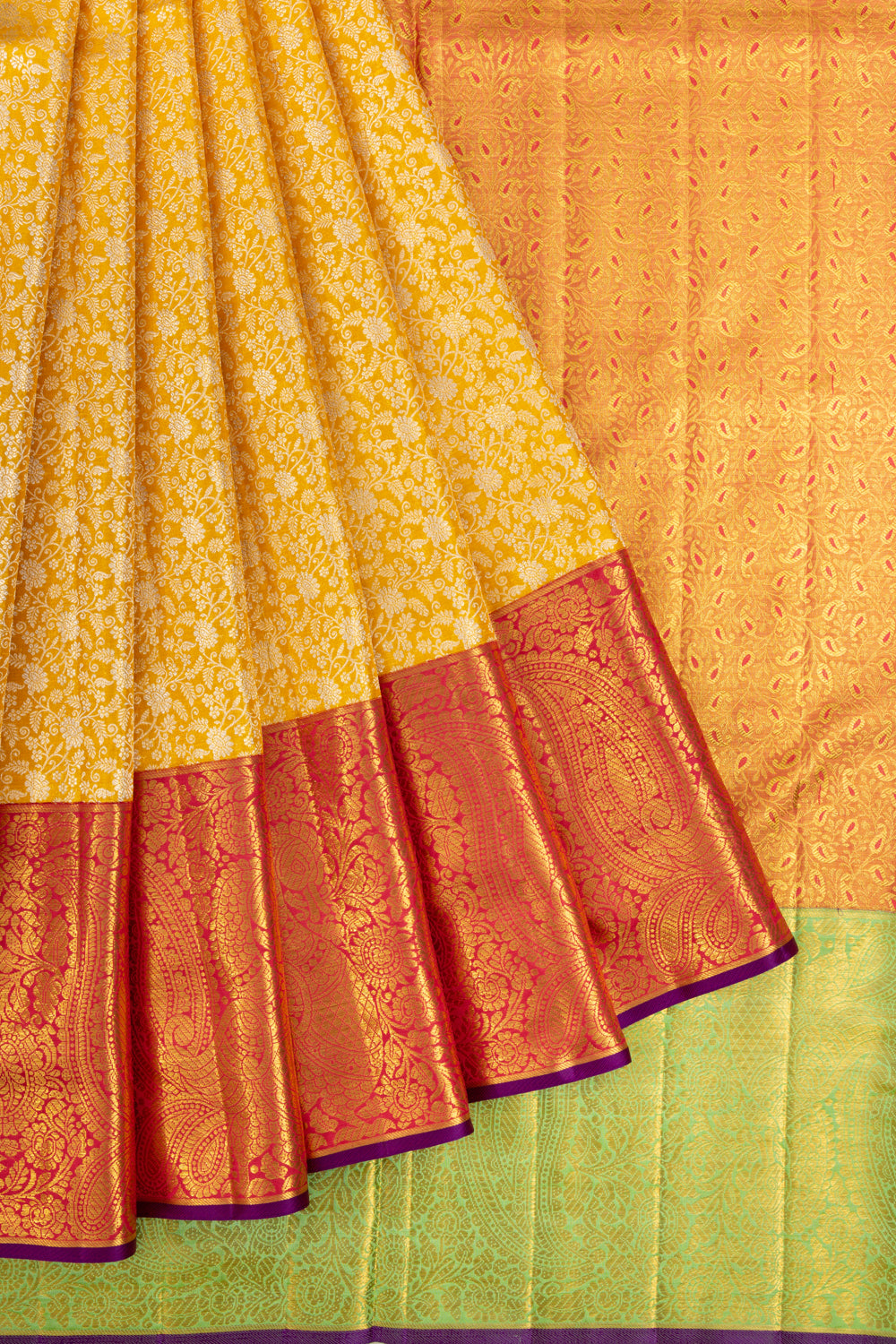 Kanchipuram Silk Tissue Jaal Yellow Saree With Ganga Jamuna Border