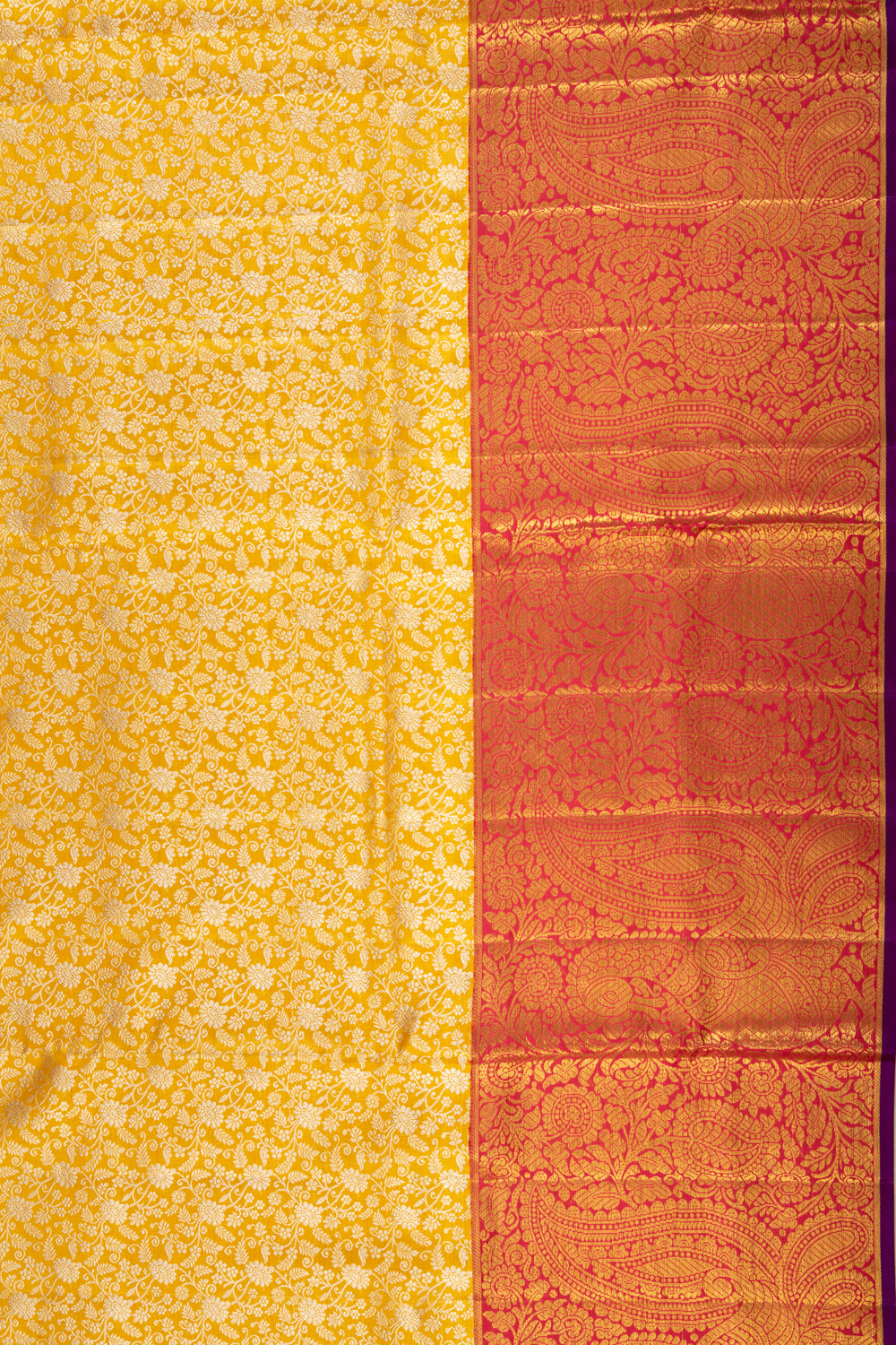 Kanchipuram Silk Tissue Jaal Yellow Saree With Ganga Jamuna Border