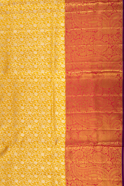 Kanchipuram Silk Tissue Jaal Yellow Saree With Ganga Jamuna Border