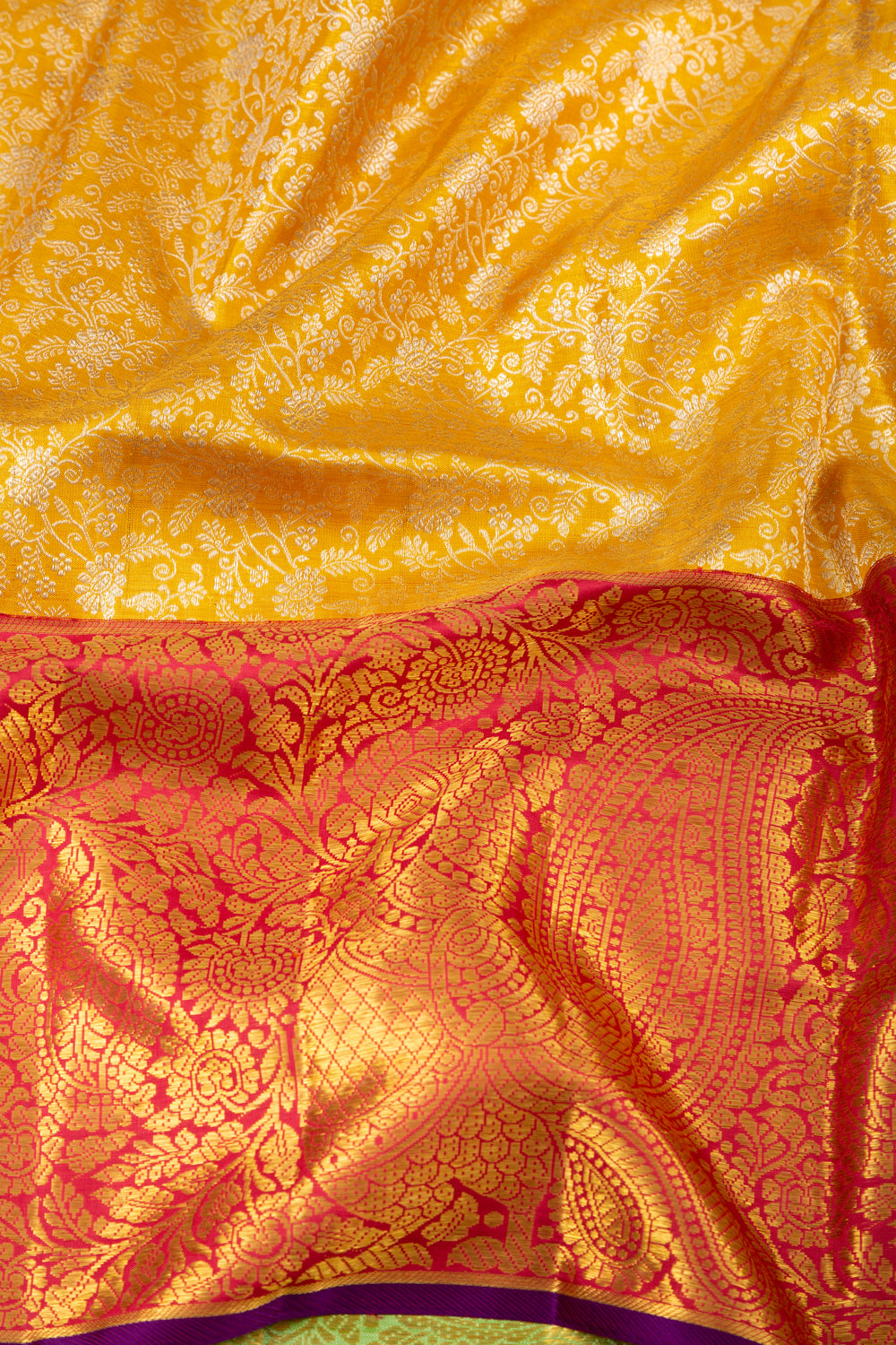Kanchipuram Silk Tissue Jaal Yellow Saree With Ganga Jamuna Border