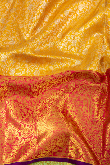 Kanchipuram Silk Tissue Jaal Yellow Saree With Ganga Jamuna Border