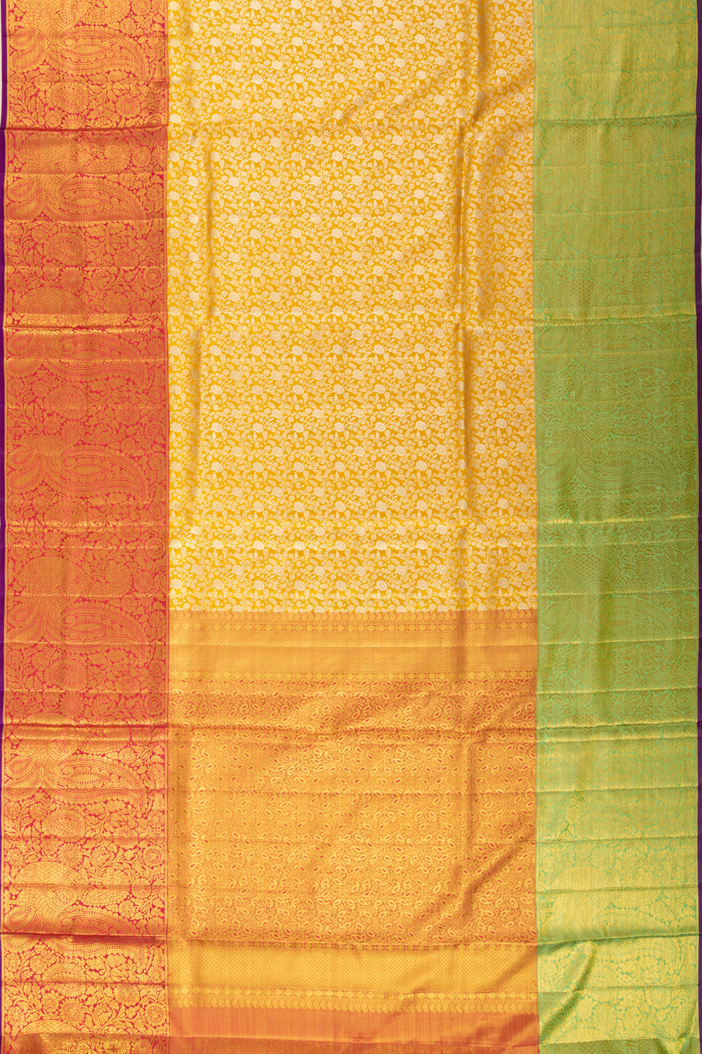 Kanchipuram Silk Tissue Jaal Yellow Saree With Ganga Jamuna Border