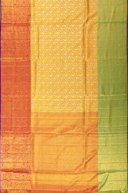 Kanchipuram Silk Tissue Jaal Yellow Saree With Ganga Jamuna Border