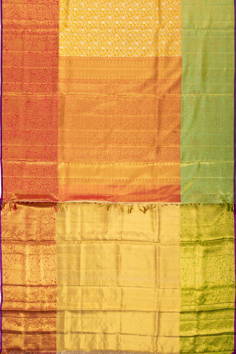 Kanchipuram Silk Tissue Jaal Yellow Saree With Ganga Jamuna Border