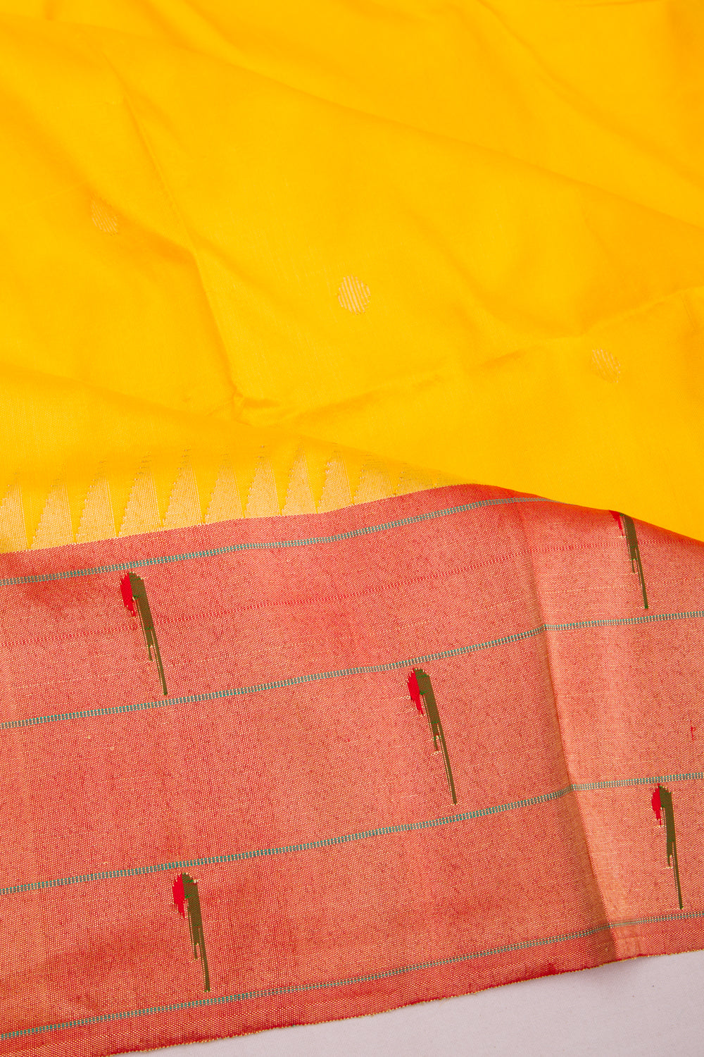 Paithani Silk Butta Yellow Saree With Triple Muniya Border