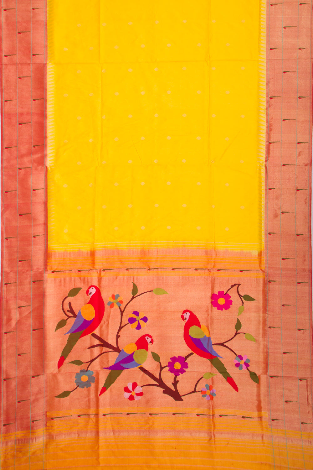 Paithani Silk Butta Yellow Saree With Triple Muniya Border