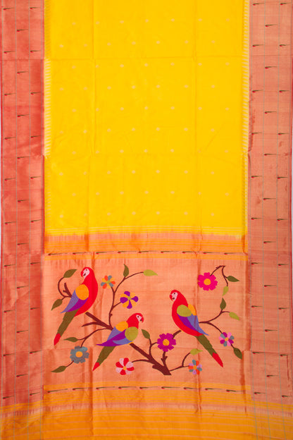 Paithani Silk Butta Yellow Saree With Triple Muniya Border