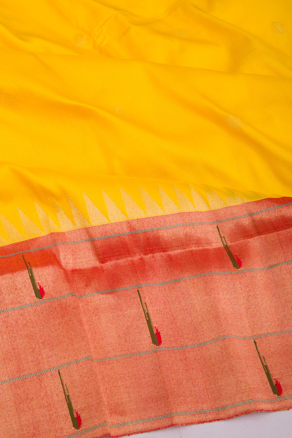 Paithani Silk Butta Yellow Saree With Triple Muniya Border