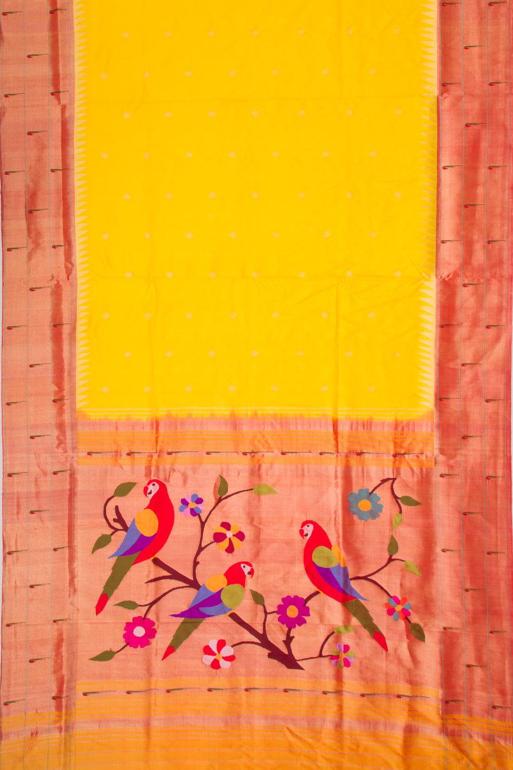 Paithani Silk Butta Yellow Saree With Triple Muniya Border