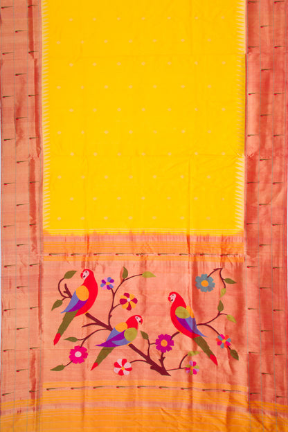 Paithani Silk Butta Yellow Saree With Triple Muniya Border
