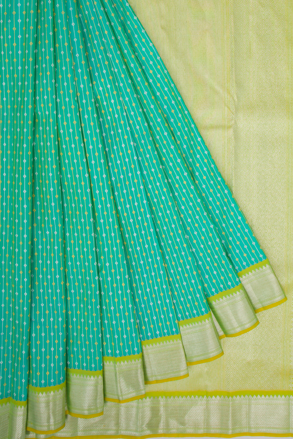 Kanchipuram Silk Vertical Lines Dual Tone Blue And Green Saree