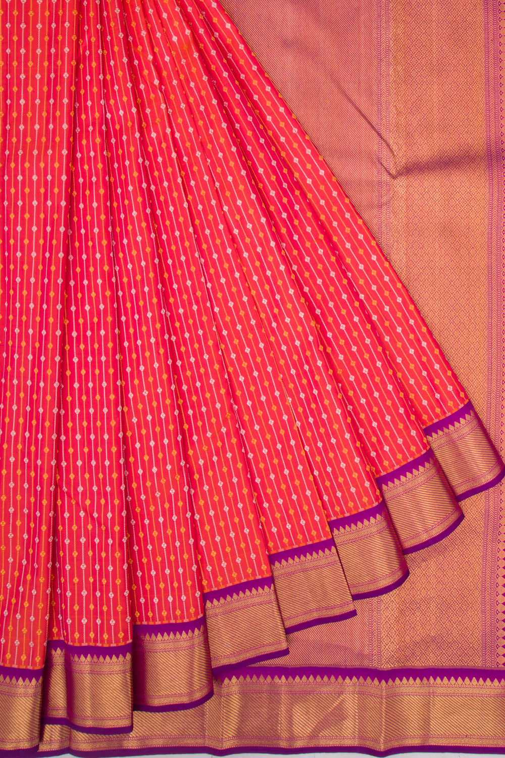 Kanchipuram Silk Vertical Lines Dual Tone Pink And Orange Saree