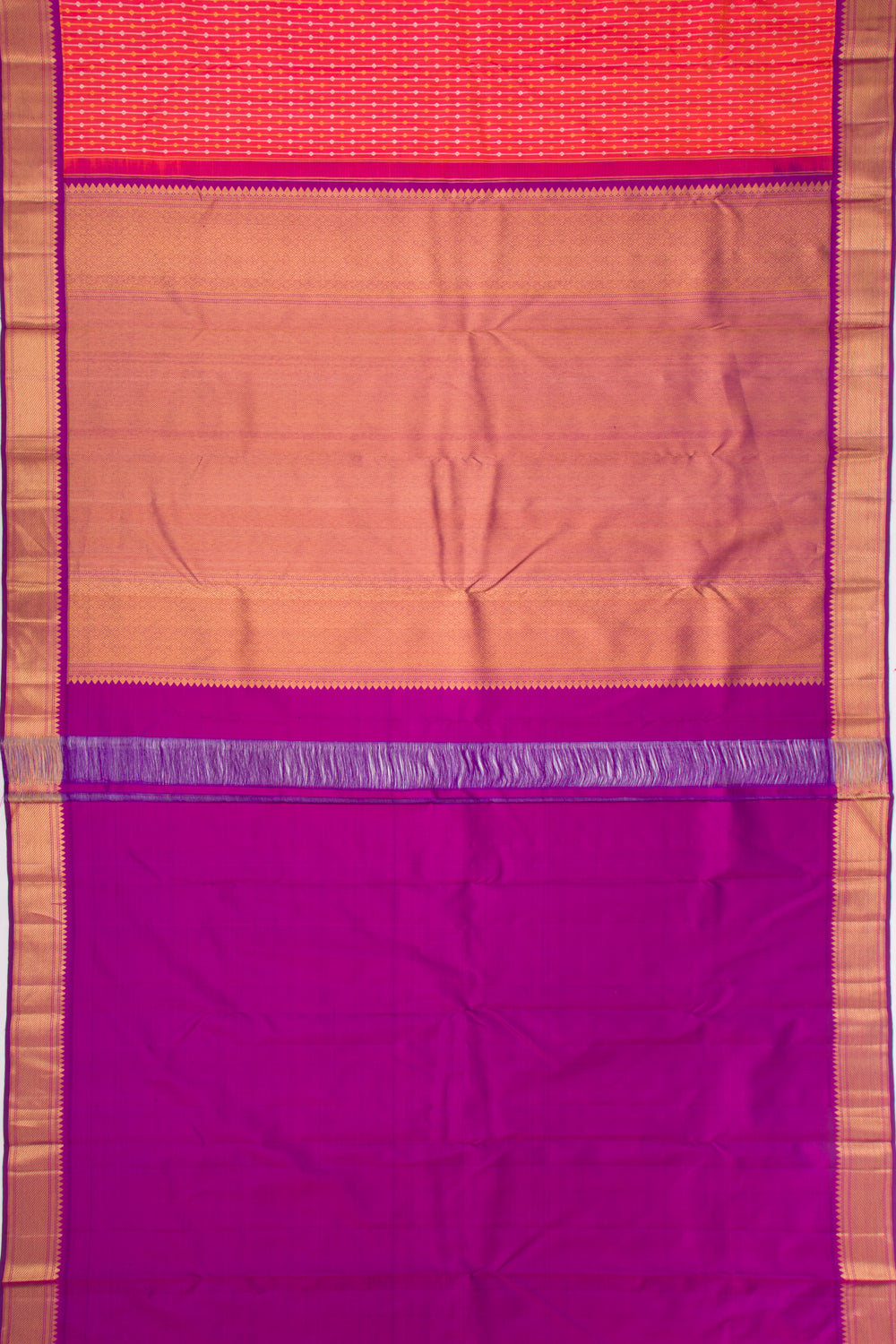 Kanchipuram Silk Vertical Lines Dual Tone Pink And Orange Saree