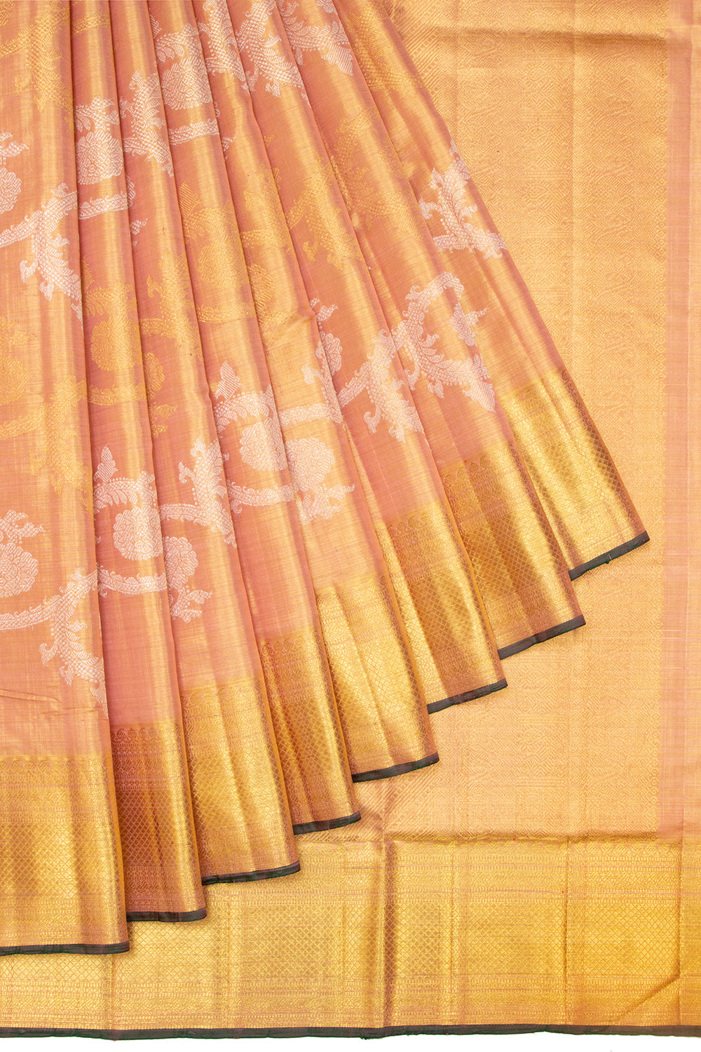 Kanchipuram Silk Peach Tissue Jaal Gold Saree