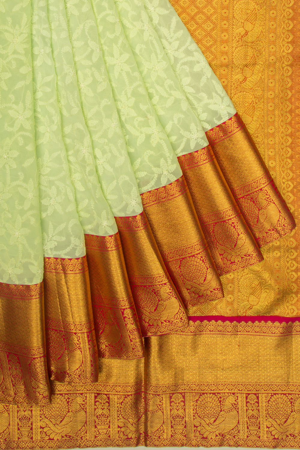 Lucknow Chikankari Georgette Green Saree With Attached Kanchi Border