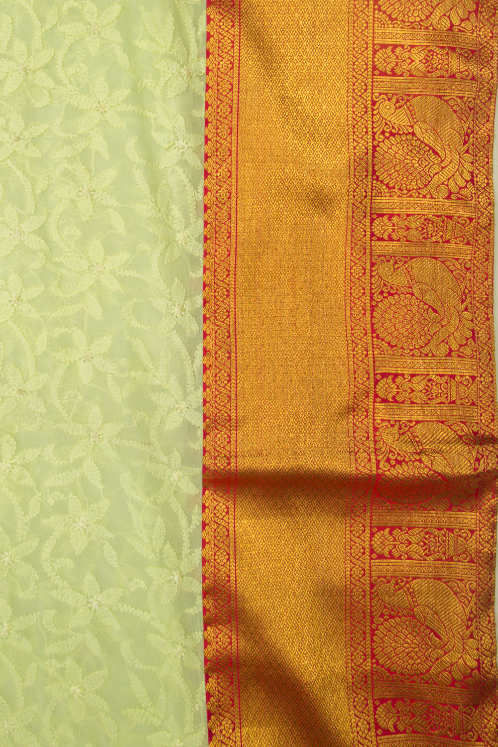 Lucknow Chikankari Georgette Green Saree With Attached Kanchi Border