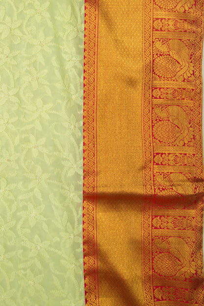 Lucknow Chikankari Georgette Green Saree With Attached Kanchi Border