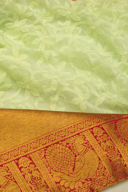 Lucknow Chikankari Georgette Green Saree With Attached Kanchi Border