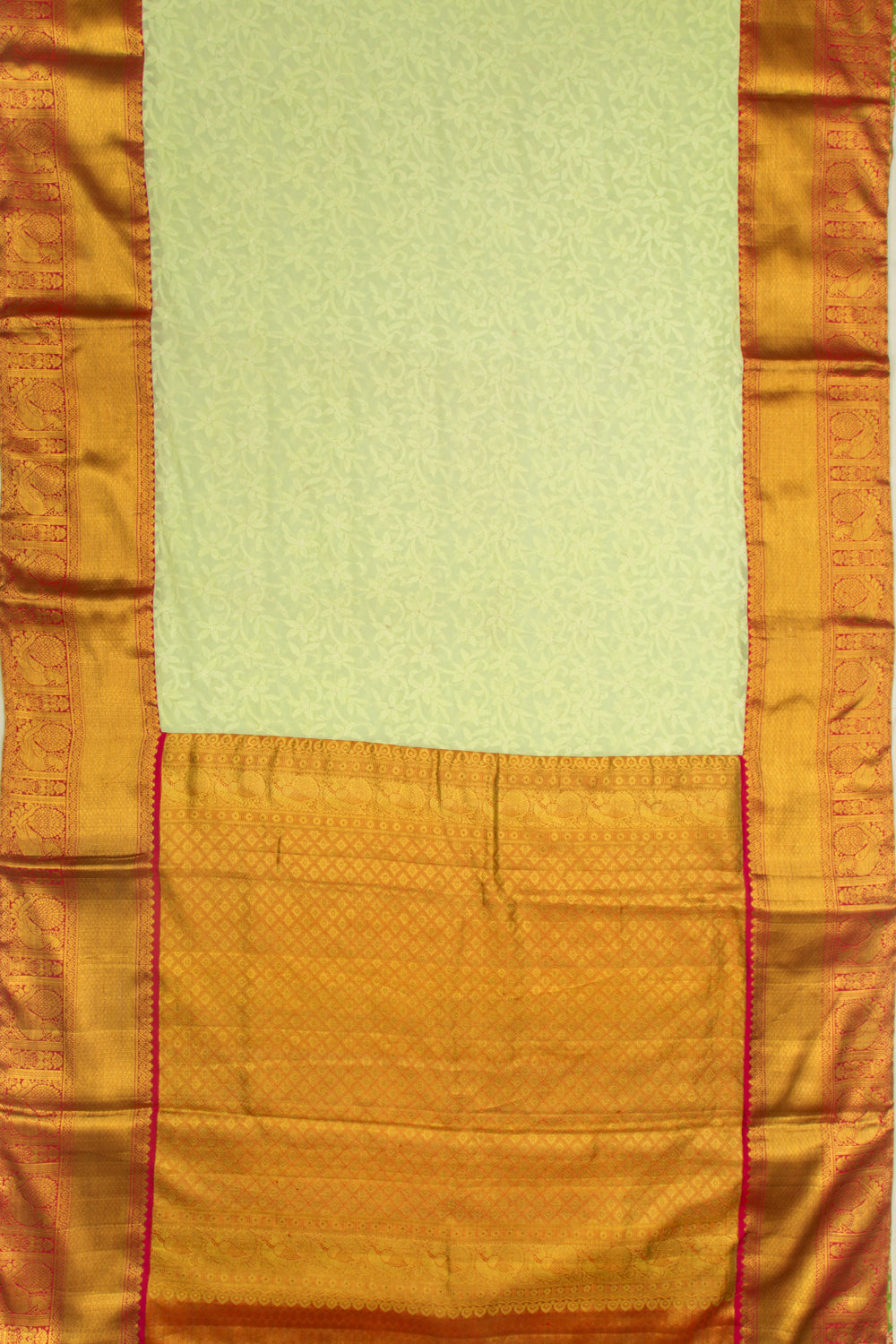 Lucknow Chikankari Georgette Green Saree With Attached Kanchi Border
