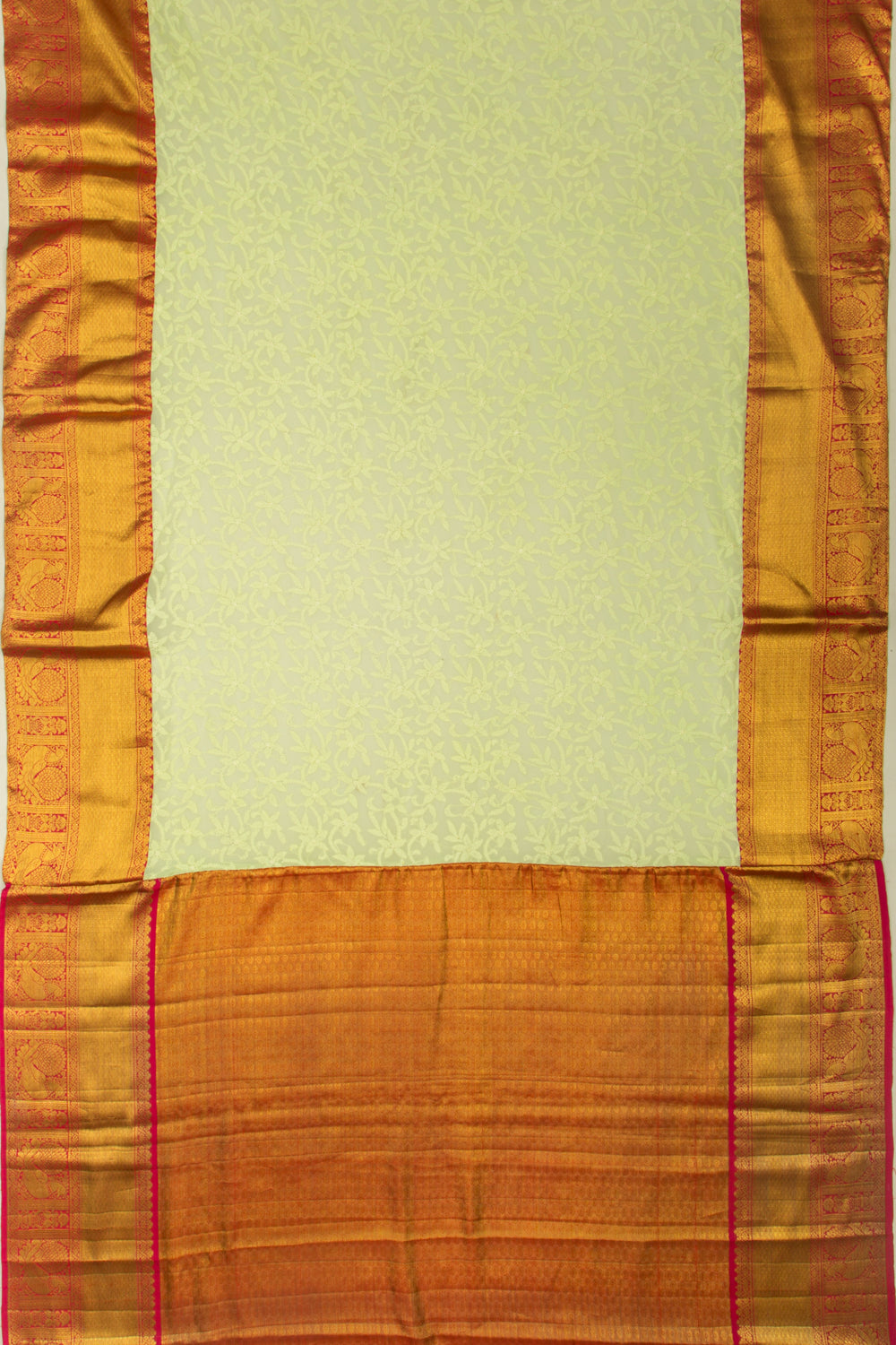 Lucknow Chikankari Georgette Green Saree With Attached Kanchi Border