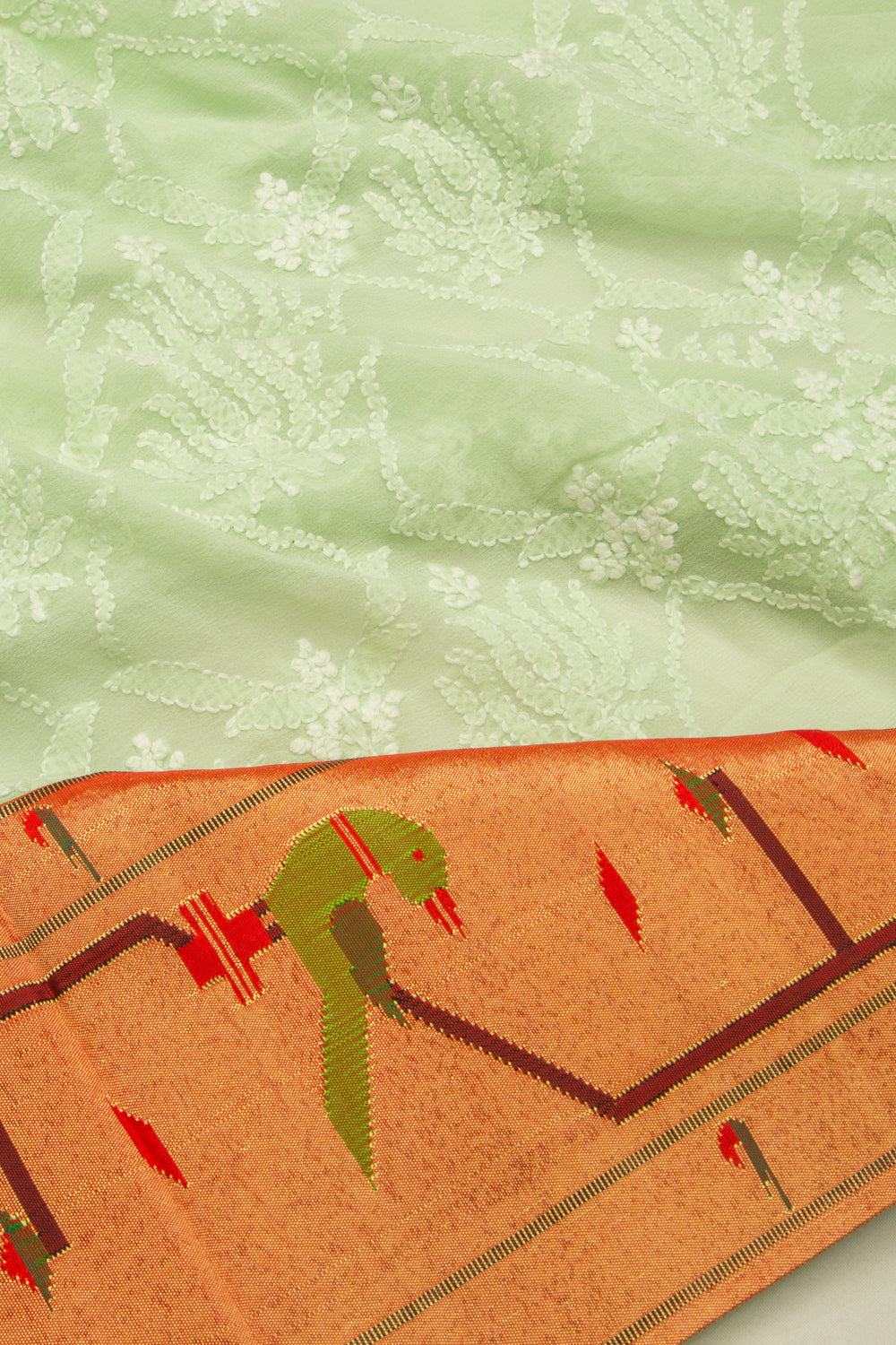 Lucknow Chikankari Georgette Pastel Green Saree With Attached Paithani Border