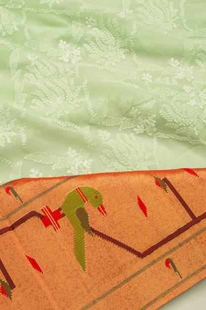 Lucknow Chikankari Georgette Pastel Green Saree With Attached Paithani Border