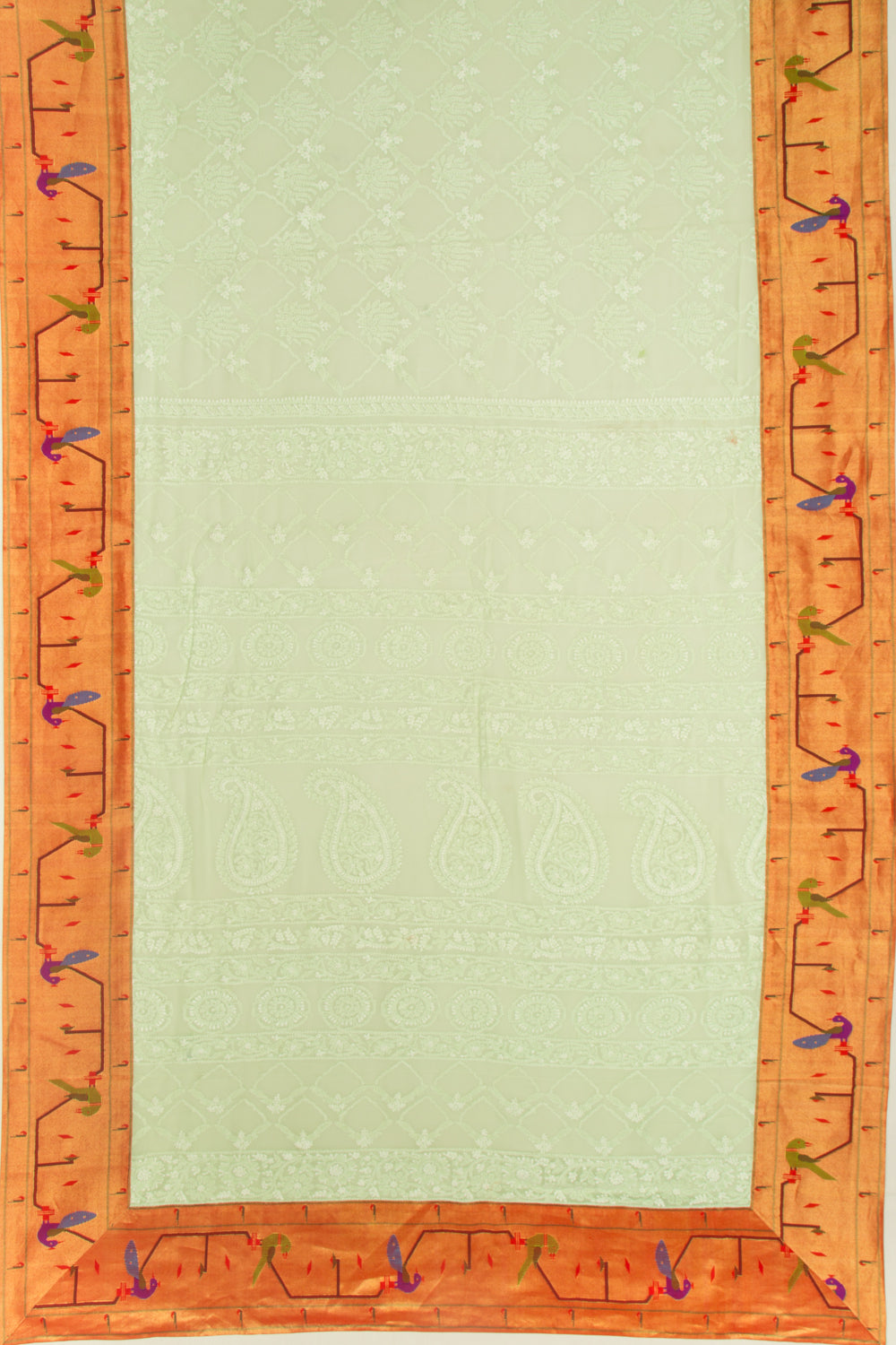 Lucknow Chikankari Georgette Pastel Green Saree With Attached Paithani Border