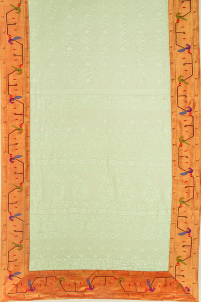 Lucknow Chikankari Georgette Pastel Green Saree With Attached Paithani Border