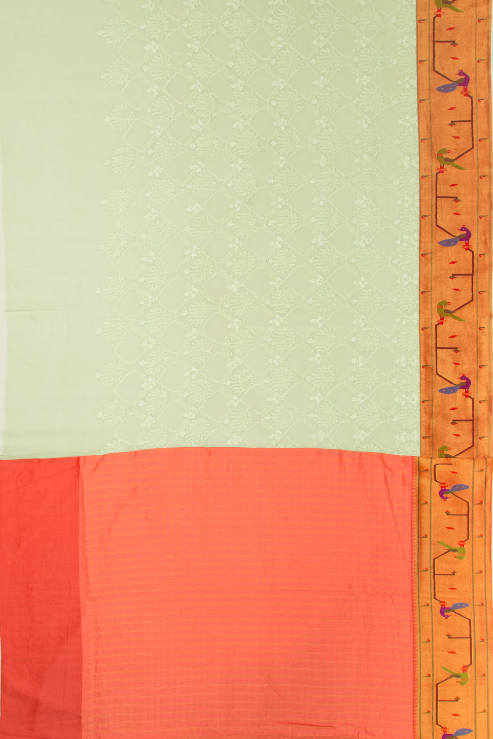 Lucknow Chikankari Georgette Pastel Green Saree With Attached Paithani Border