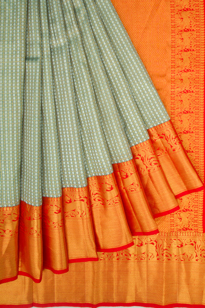 Kanchipuram Kora Organza Checks and Butta Green Saree