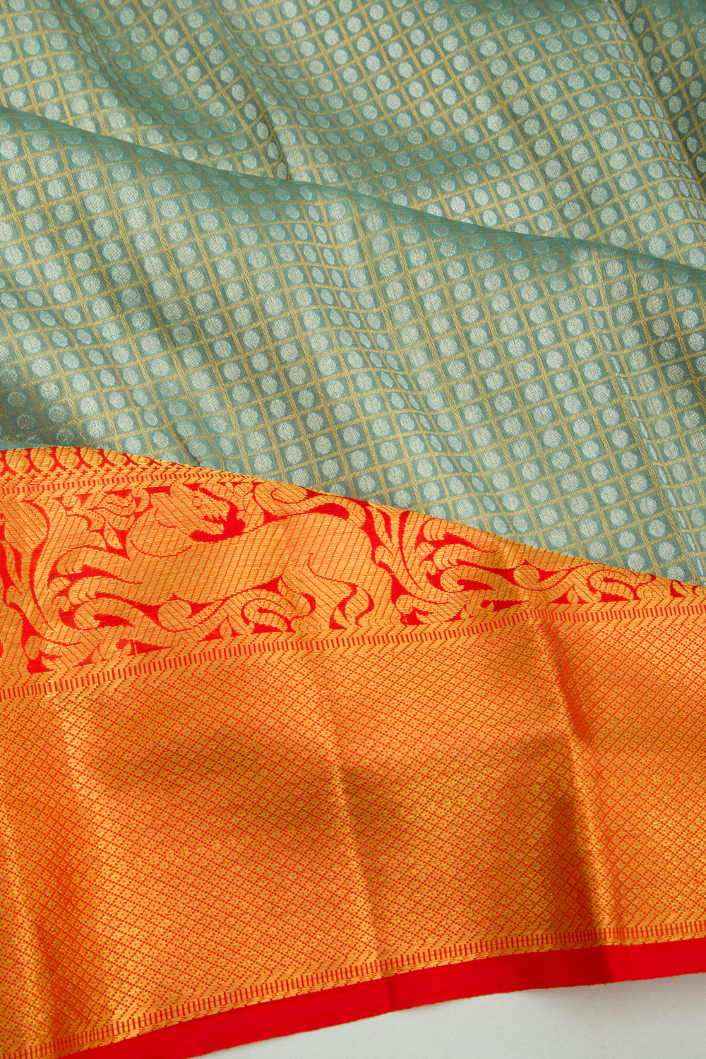 Kanchipuram Kora Organza Checks and Butta Green Saree