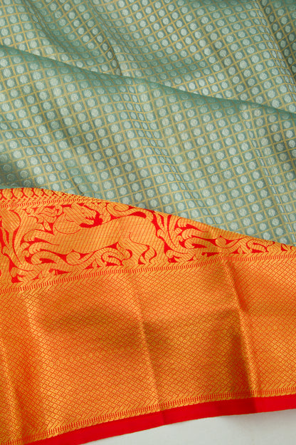 Kanchipuram Kora Organza Checks and Butta Green Saree