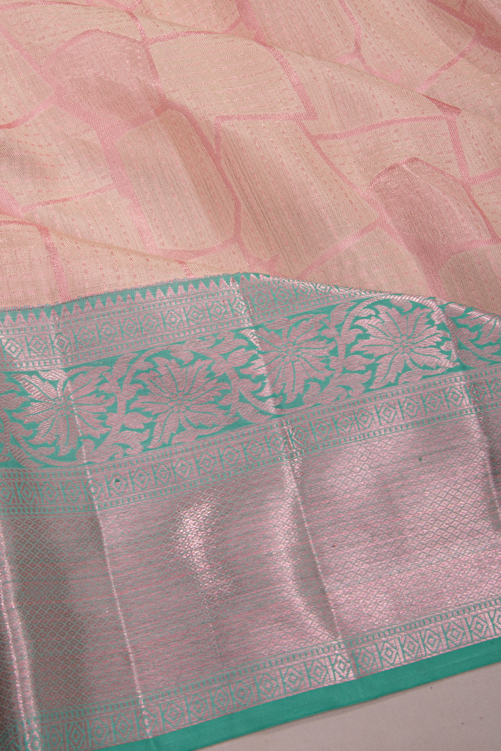 Kanchipuram Silk Geometric Pattern Tissue Baby Pink Saree