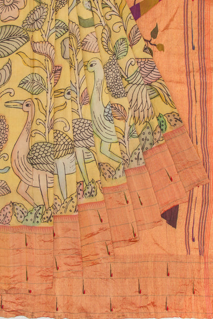 Paithani Silk Kalamkari Yellow Saree With Triple Muniya Border